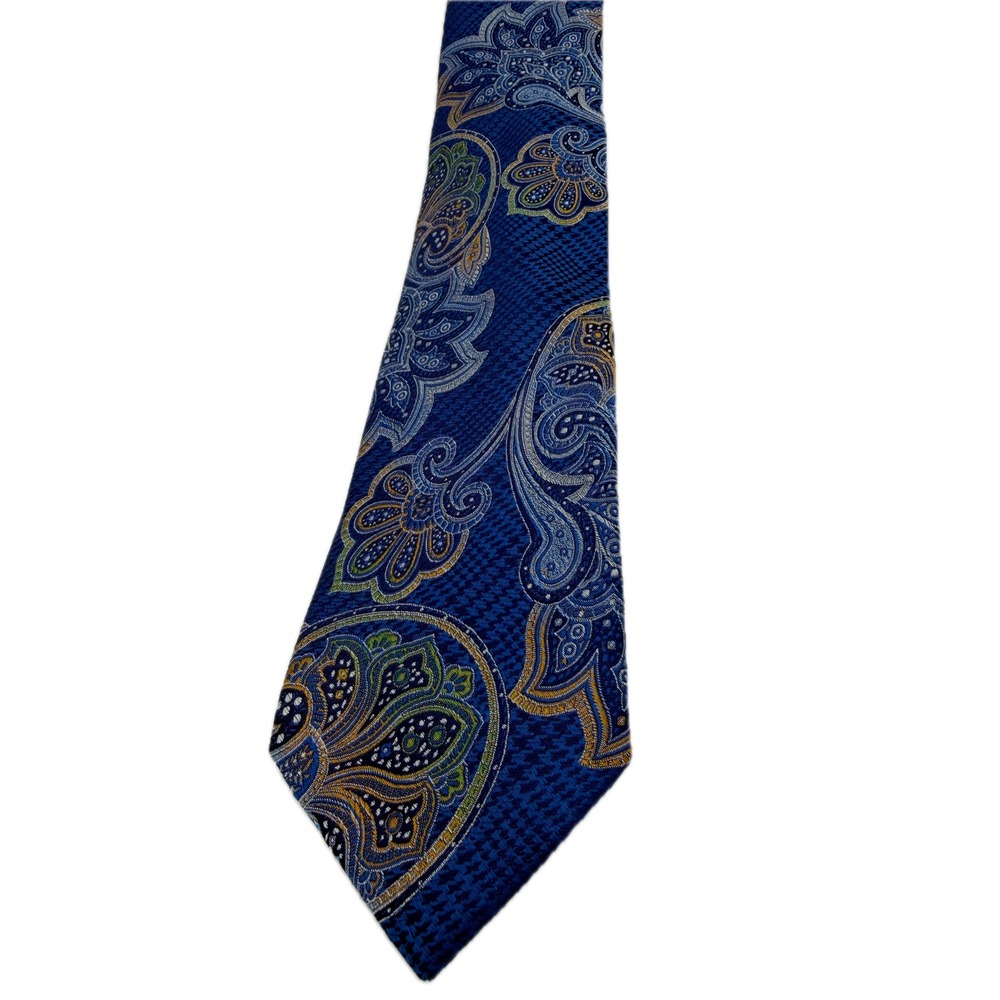 Joseph Abboud Mens Silk Necktie Blue Gold Paisley Floral Pattern Formal Tie
